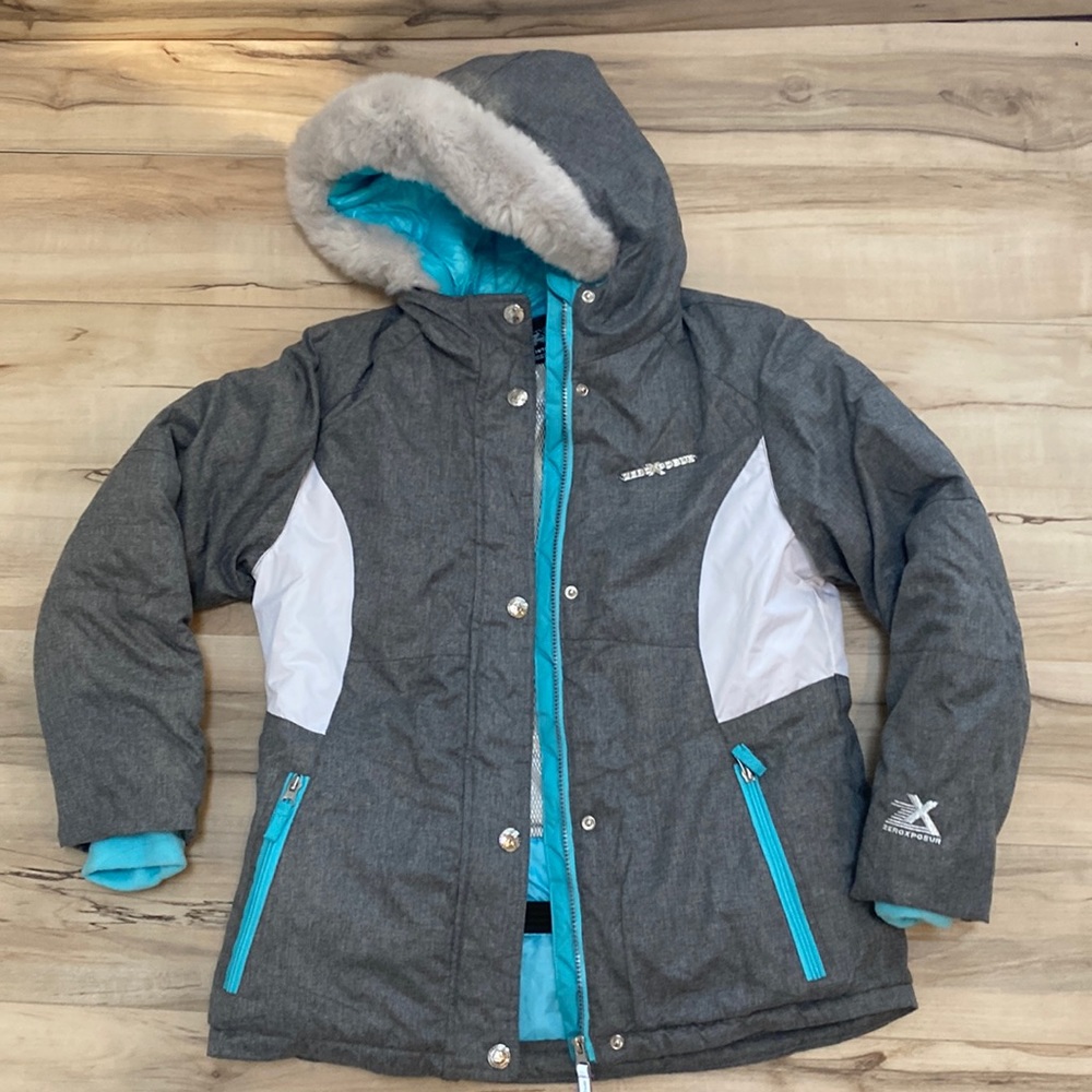 ZeroXposur Girls XL Jacket Size 14/16. Grey and Aqua. Faux fur on hoodie.